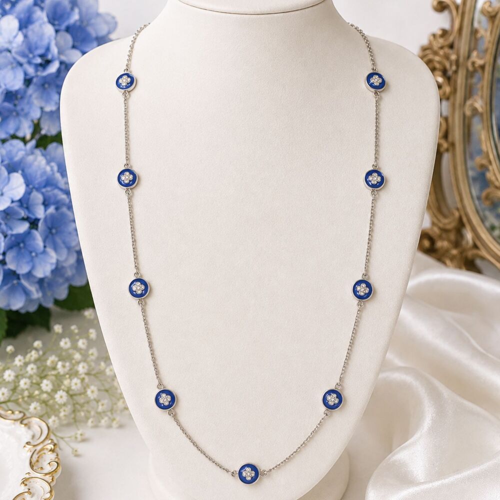 Gold Tone Long Station Necklace Navy Blue Enamel Rhinestone Cross 32"
